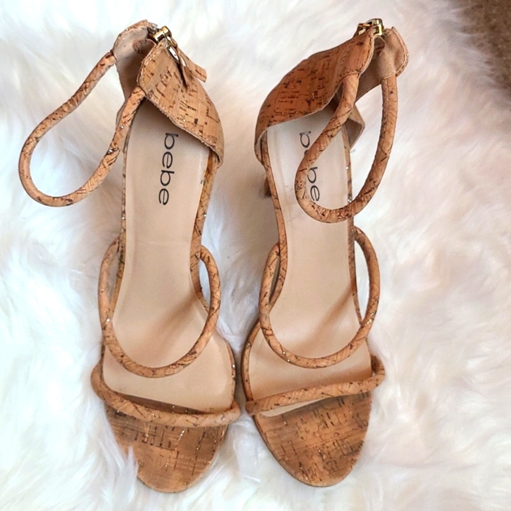 BEBE Cork Strappy Heel Sz 8.5